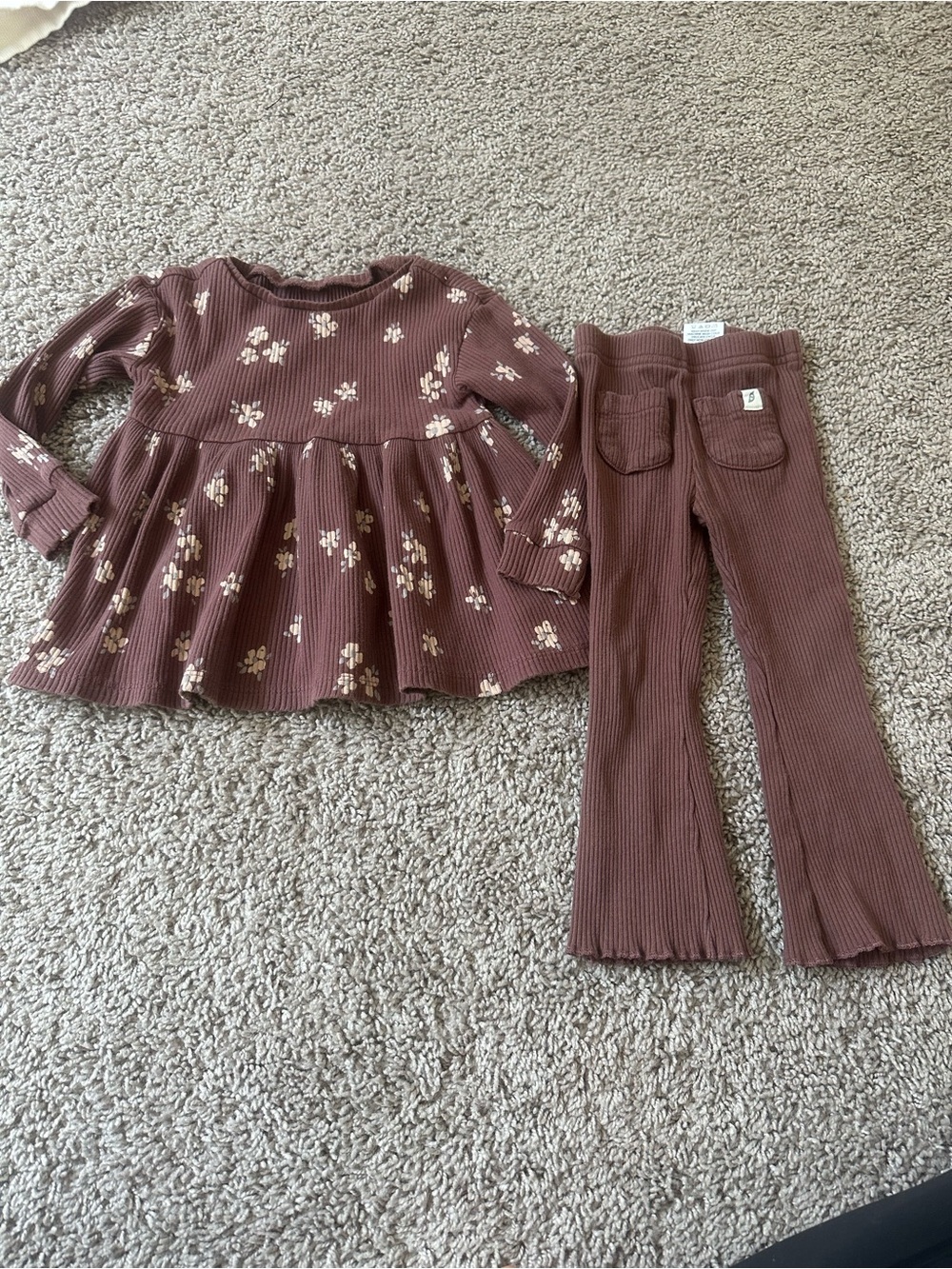 Girls Ribbed Floral Peplum Top & Flare Leg Set
